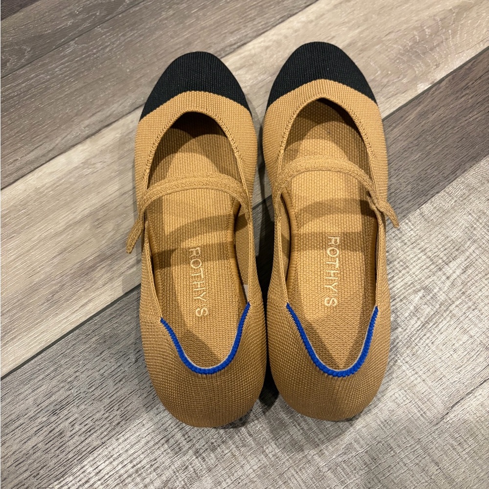Rothy's Tan and Black Mary Jane Flats